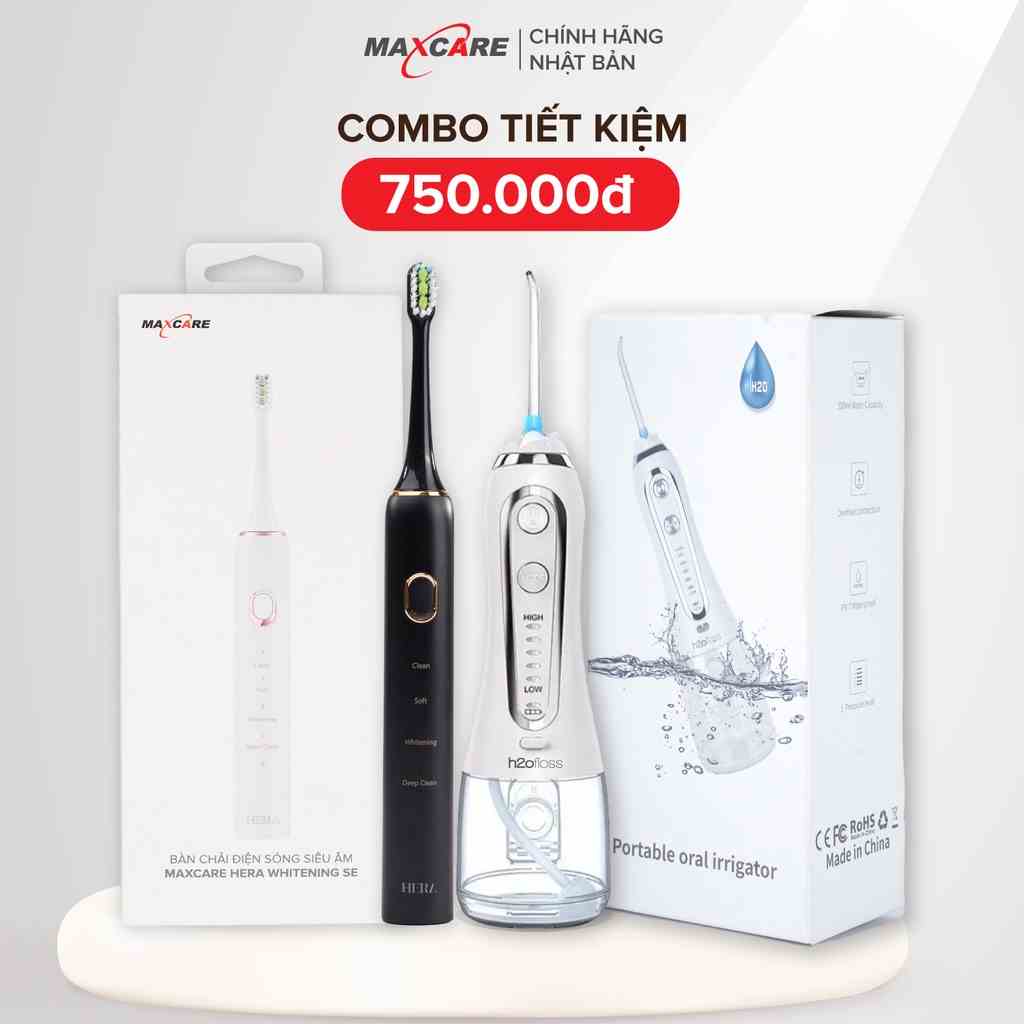 [COMBO GIẢM 750K] Máy tăm nước cầm tay H2ofloss HF6P + Bàn chải điện sóng siêu âm Maxcare Hera Whitening SE