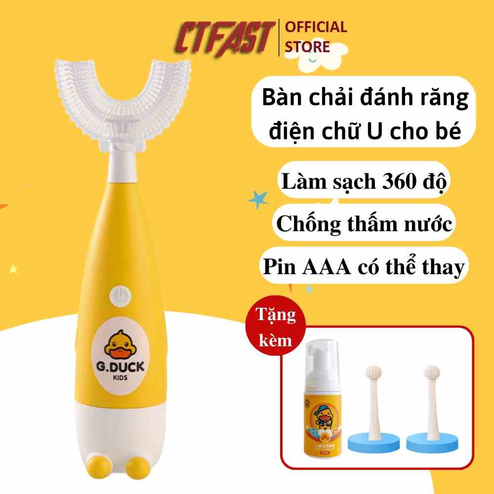 Bàn chải đánh răng điện chữ U trẻ em (2-12 tuổi)  CTFAST A6, họa tiết vịt vàng dễ thương giúp bé vệ sinh răng miệng