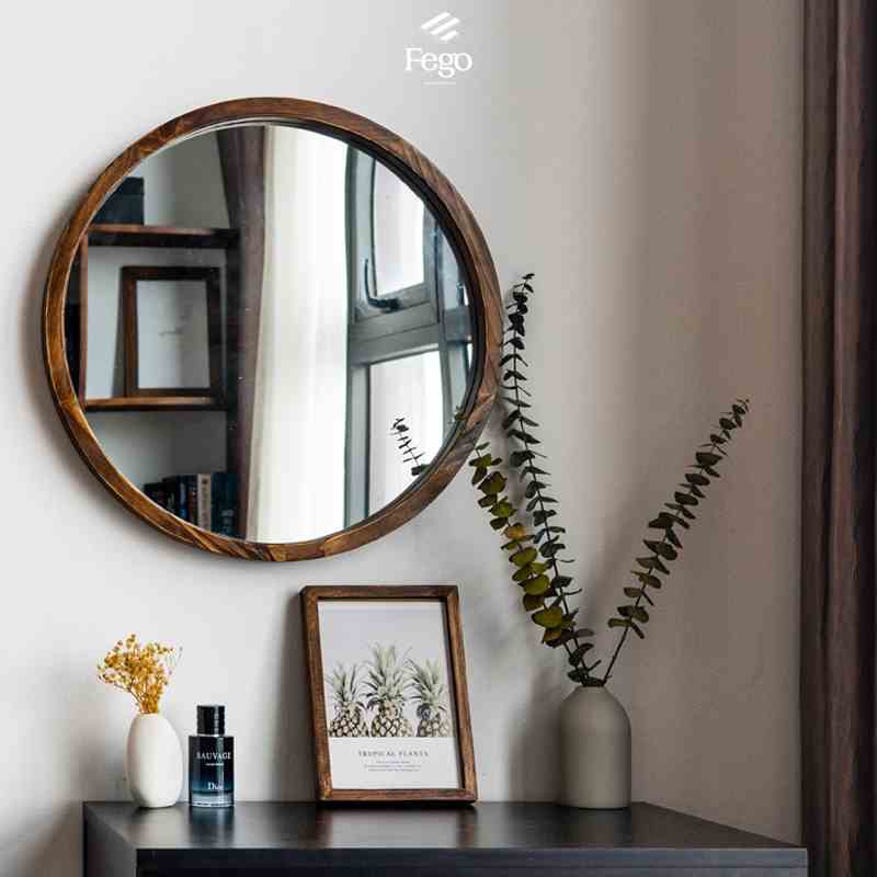 Gương tròn treo tường FEGO viền gỗ tự nhiên để decor phòng tắm và bàn trang điểm