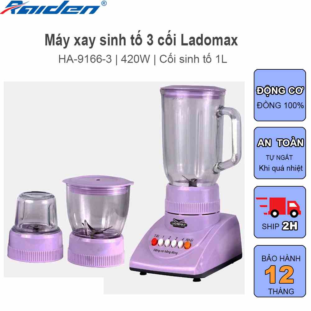 Máy xay sinh tố đa năng 420W Ladomax HA-9166-3 thiết kế 3 cối thủy tinh, động cơ đồng 100% không lo hư hỏng khi quá tải