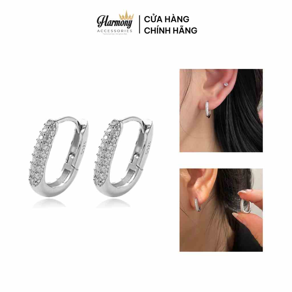 Bông tai nữ khuyên bạc 925 hình oval đính đá chốt bấm Andrea | HARMONY ACCESSORIES K288