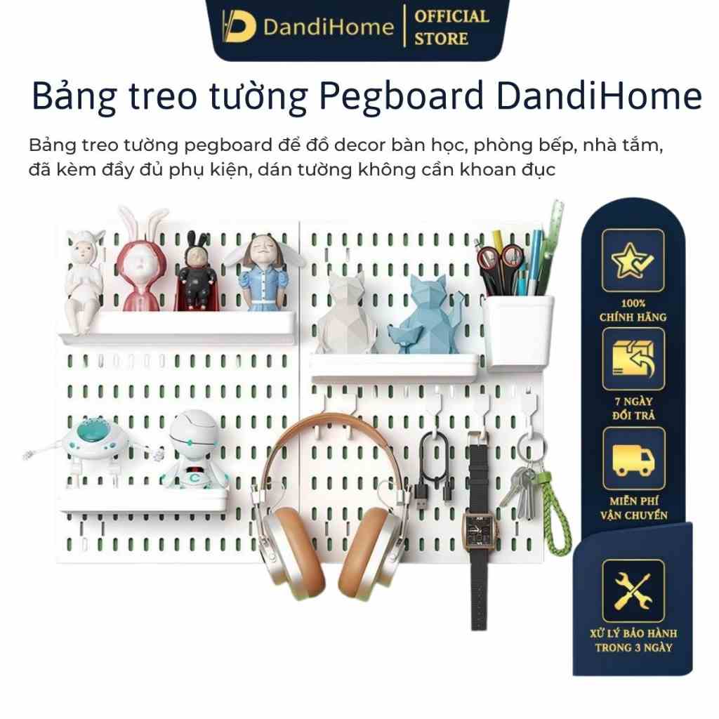 Kệ giá bảng treo tường DandiHome trang trí pegboard để đồ decor bàn học, phòng bếp, nhà tắm, đã kèm đầy đủ phụ kiện, dán