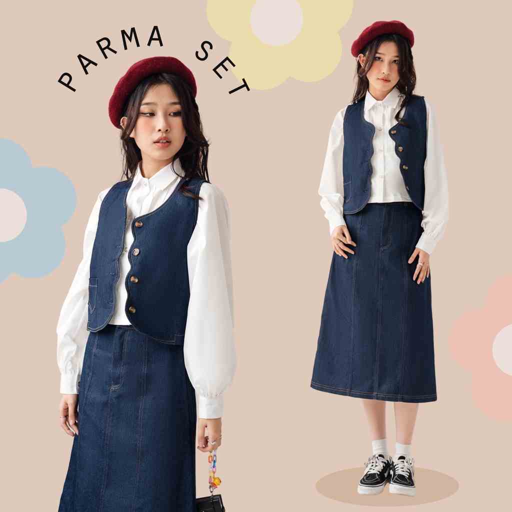 BLEUBIRD Set áo gile và chân váy denim Parma Set