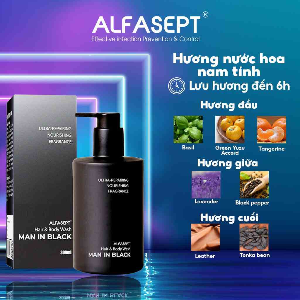 Sữa Tắm Gội Nam Hương Nước Hoa Nam Tính ALFASEPT Man In Black Làm Sạch Bụi Bẩn Và Dưỡng Ẩm 400ml