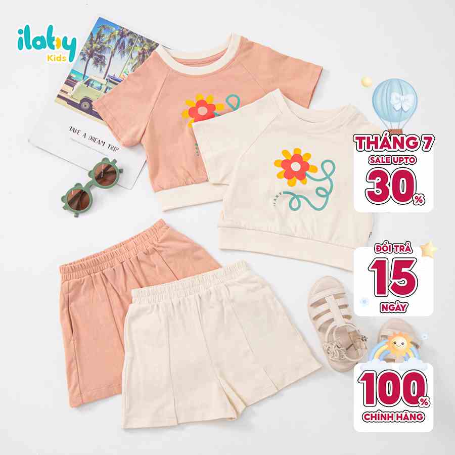 Set đồ bộ bé gá ILABY áo tay raglan in hoa + quần chất liệu tổ ong thấm hút mồ hôi mềm mại [50IG1465C3DL]