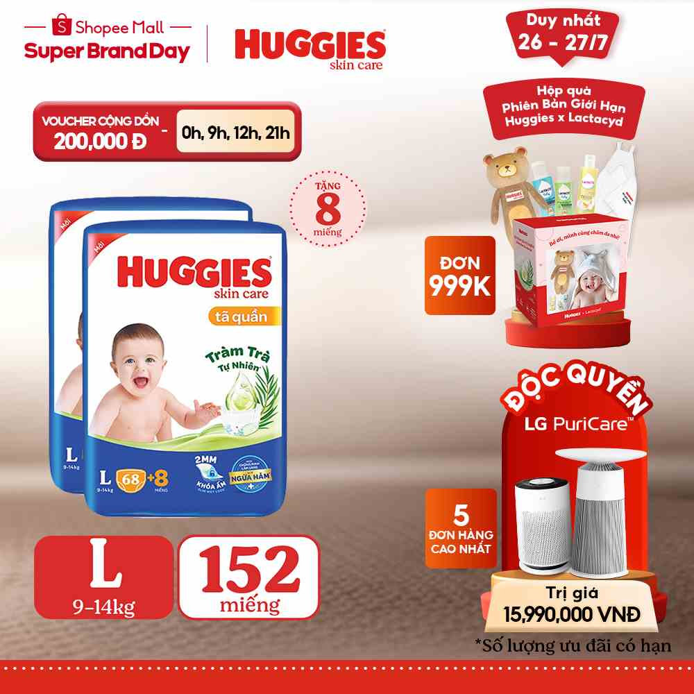 Combo 2 Tã quần Huggies Skincare Super Jumbo M76/L68/XL60/XXL54+8