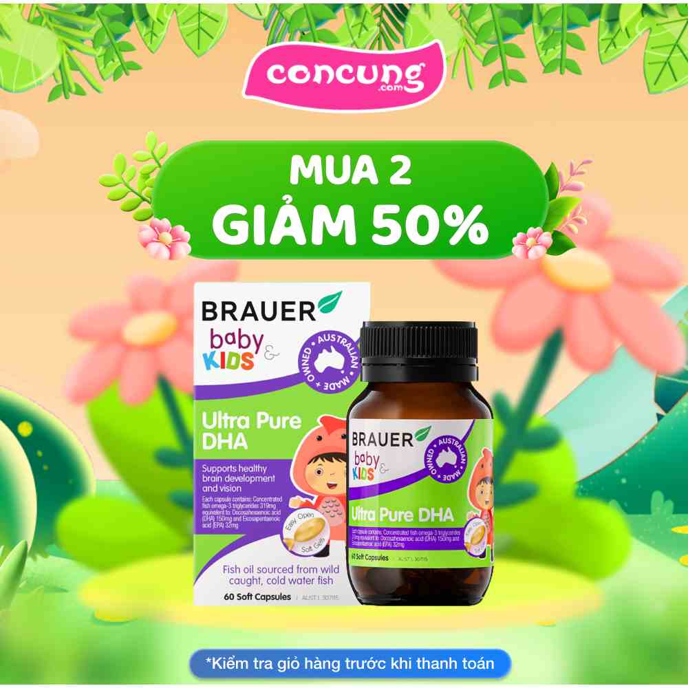 Viên bổ sung dầu cá tinh khiết cho bé từ 7 tháng tuổi Brauer Baby & Kids Ultra Pure DHA