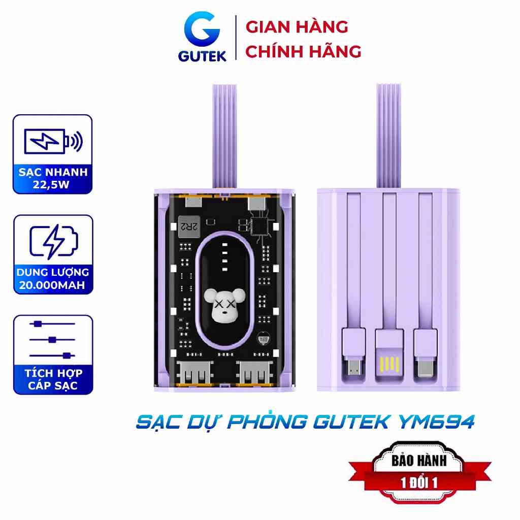 Sạc dự phòng 20000mAh Gutek YM694 dung lượng lớn trong suốt tích hợp dây sạc nhanh cho nhiều thiết bị