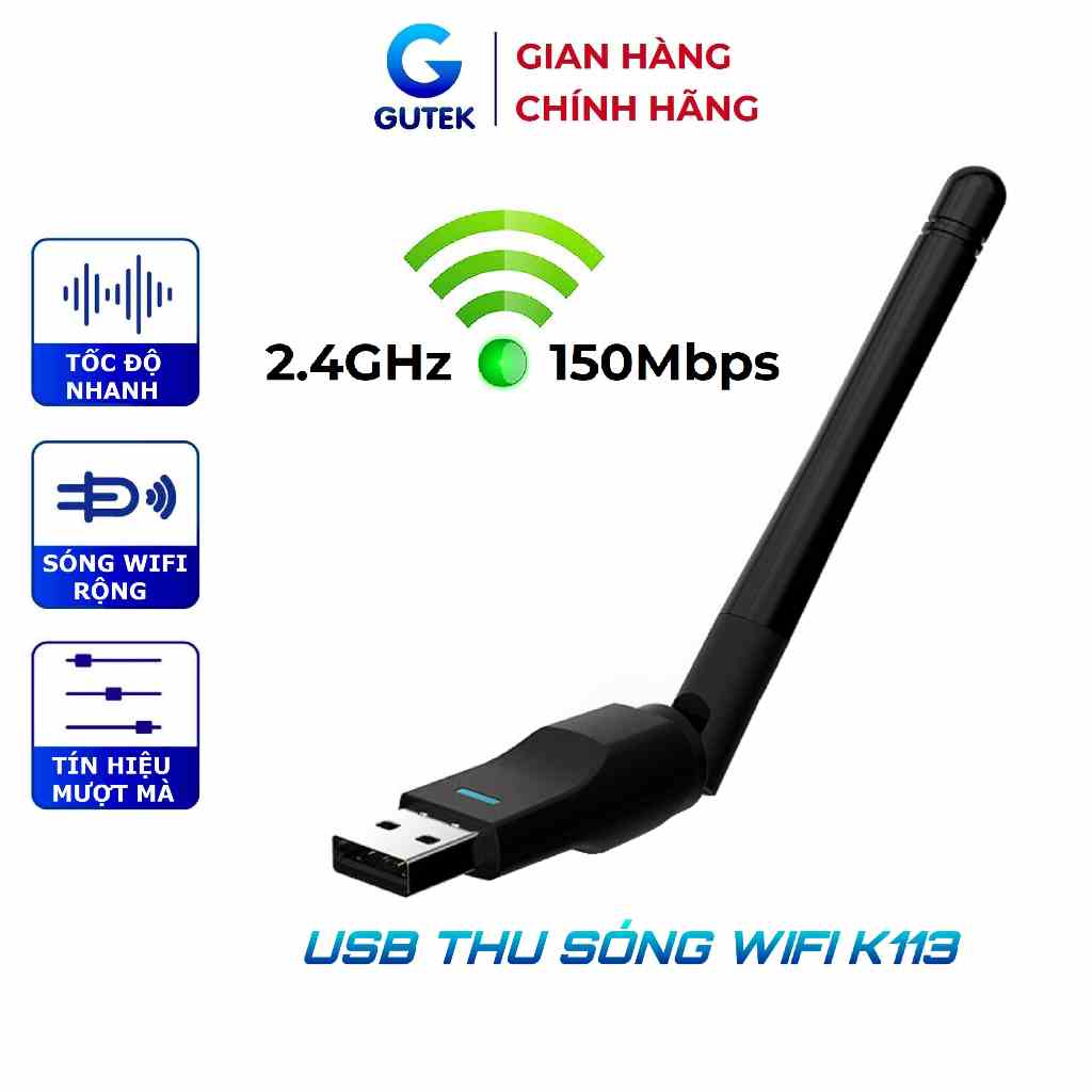 USB thu sóng wifi Gutek K113 150mbps tần số 2.4GHz cho máy tính pc laptop tốc độ nhanh tín hiệu mượt