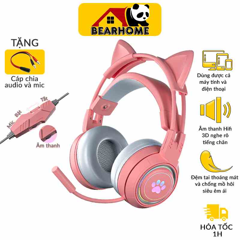 tai nghe có dây tai nghe chụp tai gaming có mic tai mèo dễ thương chụp hình tương thích Laptop, Pc, Điện thoại, BH 1 - 1