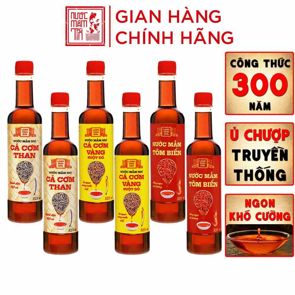 [Thùng 6 chai - 3 vị] Nước Mắm Nhỉ Làng Chài Xưa Cá Cơm Than, Tôm Biển, Cá Cơm Vàng Ruột Đỏ 525ml/chai nhựa cao cấp