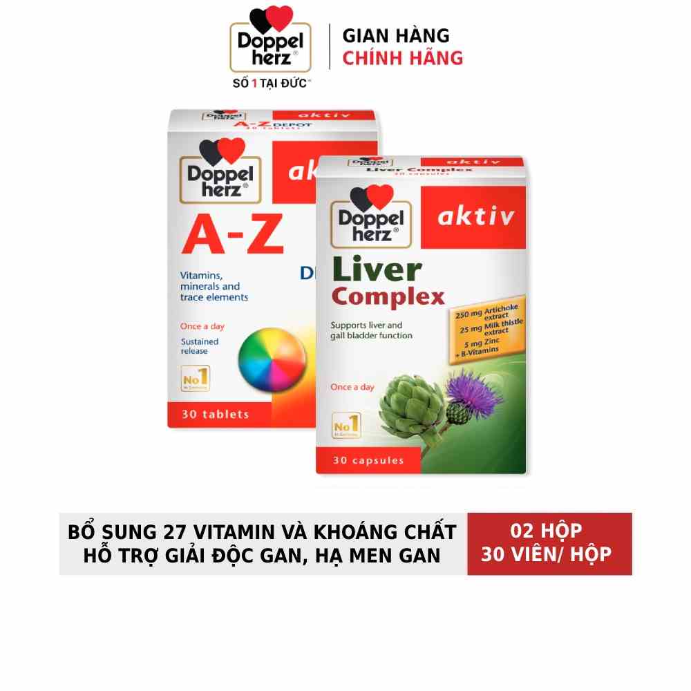 Bộ đôi bổ sung vitamin, hỗ trợ giải độc gan và hạ men gan Doppelherz A Z Depot + Liver Complex ( 02 hộp, 30 viên/hộp)