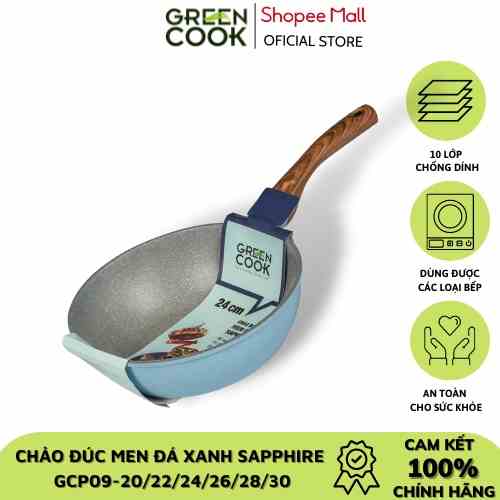 Chảo đúc đáy từ men đá xanh sapphire Green Cook GCP09 với 10 lớp chống dính an toàn cho sức khoẻ, công nghệ Hàn Quốc dùn