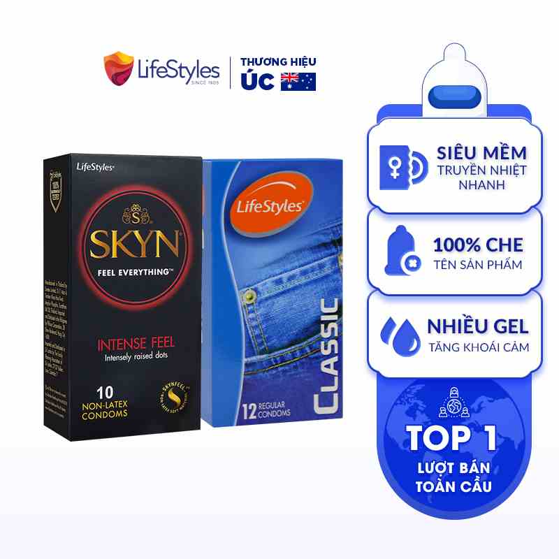 Combo 1 Hộp Bao Cao Su Siêu Gai Non-latex SKYN Intense 10 bao + 1 Hộp Classic Nhiều Gel 12 bao