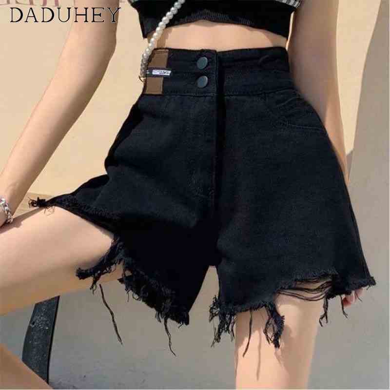 Daduhey Quần short denim lưng cao ống rộng mỏng thời trang mùa hè 2022 cho nữ