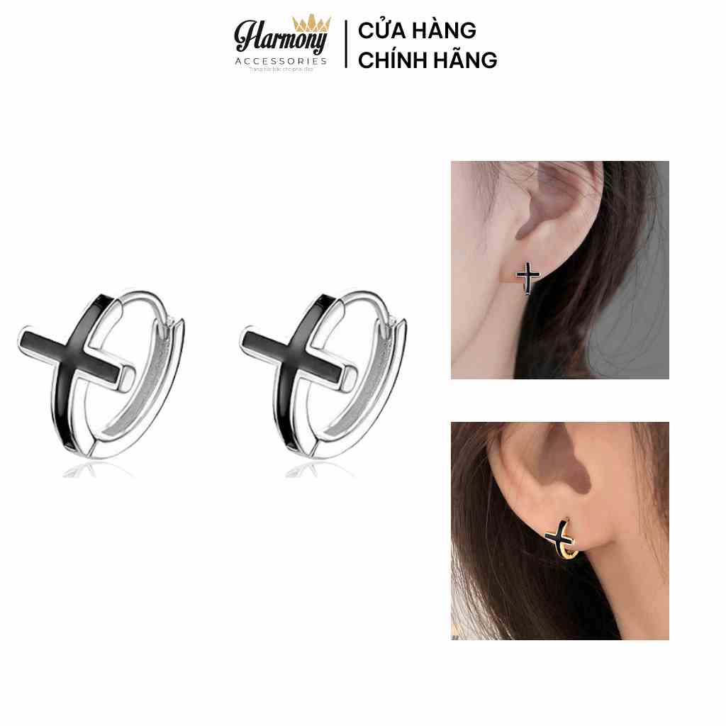 Khuyên bông tai bạc thật nam nữ hình chữ thập màu đen (1 chiếc) | HARMONY ACCESSORIES KN68