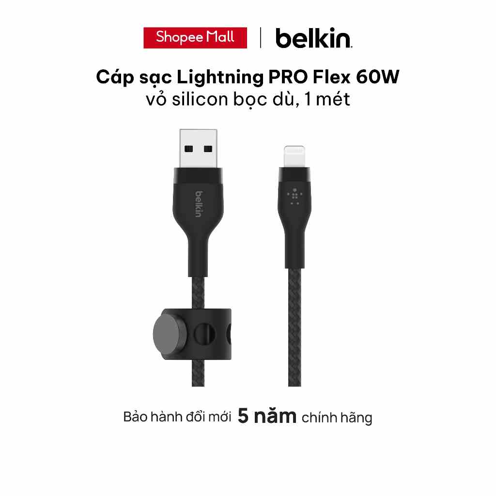 Cáp sạc Lightning BOOST↑CHARGE™ PRO Flex Belkin vỏ silicon bọc dù 60W 1M - Bảo hành 5 năm - CAA010bt