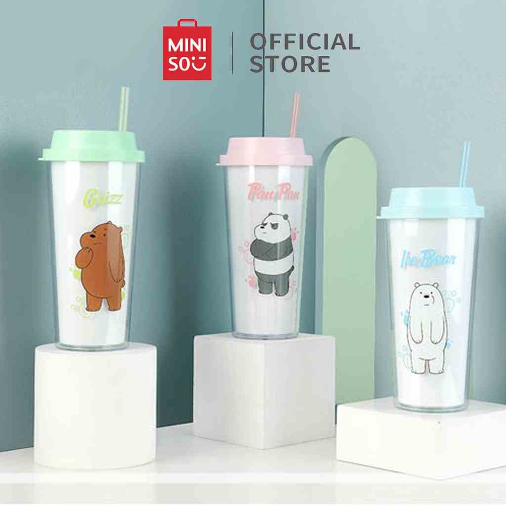 Ly nhựa We Bare Bears 2 lớp kèm ống hút Miniso dung tích 550ml