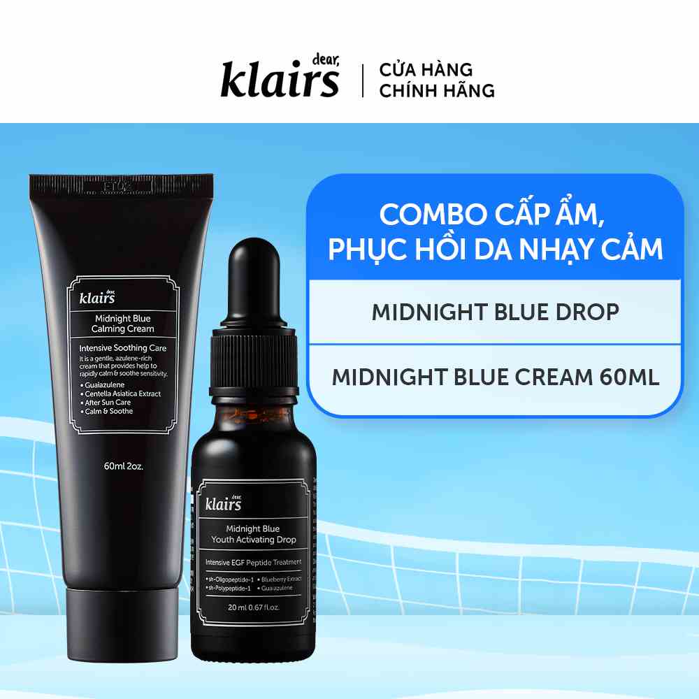 Combo Dear, Klairs Kem dưỡng Midnight Blue Calming Cream 60ml+tinh chất Midnight Blue Youth Activating Drop 20ml