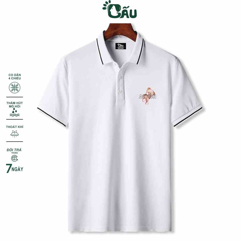 Áo thun Polo GẤU 194 viền vải cá sấu Poly co dãn 4 chiều dày dặn form gerular fit -  Polo In 1 Sọc Gấu Action