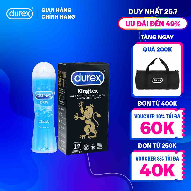 Bộ 1 hộp bao cao su Durex Kingtex ôm sát (size 49mm, 12 bao/hộp) và 1 chai Gel bôi trơn Classic gốc nước 50ml