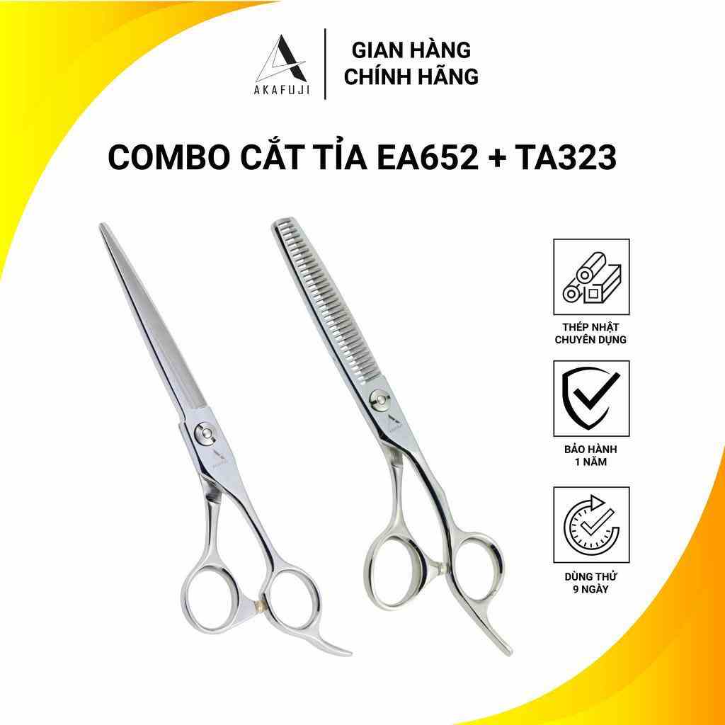 Combo 2 kéo cắt tỉa AKAFUJ, kéo cắt lưỡi thẳng EA652, kéo tỉa răng thẳng TA323