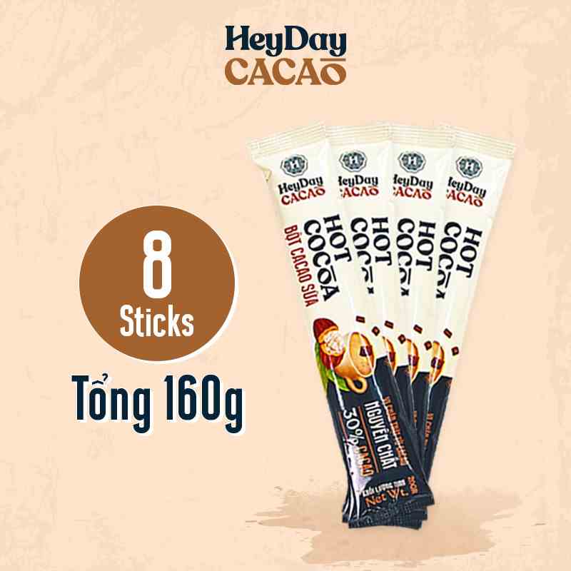 [Tổng 160g] Bột Cacao Sữa Heyday - Đậm vị chân thật từ cacao nguyên chất - Combo 8 gói tiện lợi 20g