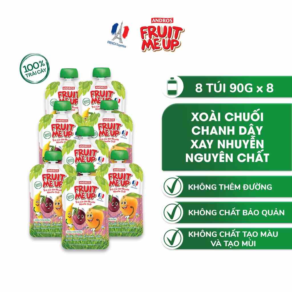 Combo 8 Túi Trái Cây Xay Nhuyễn Vị Xoài chuối chanh dây - 100% trái cây thật - ANDROS FRUIT ME UP - 90gx8