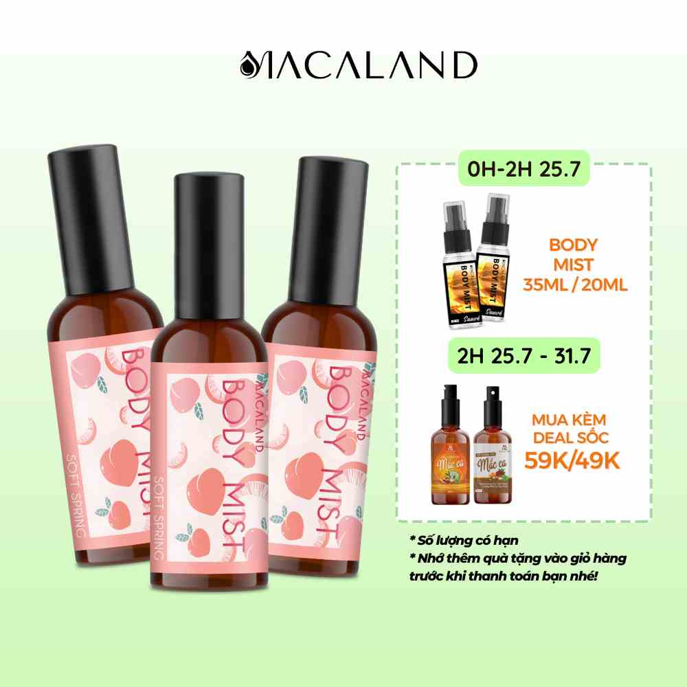 Body Mist đào Soft Spring MACALAND 20ml/100ml hương trái cây đào ngọt ngào tươi mát