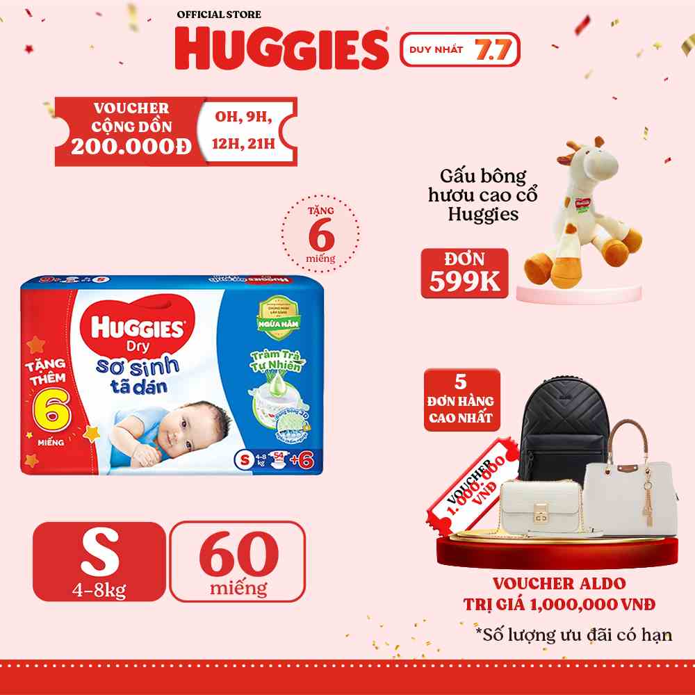 [HUGMAR33B-10% max 60k đơn 400k] Tã dán sơ sinh Huggies Dry S 54 miếng + tặng 6 miếng