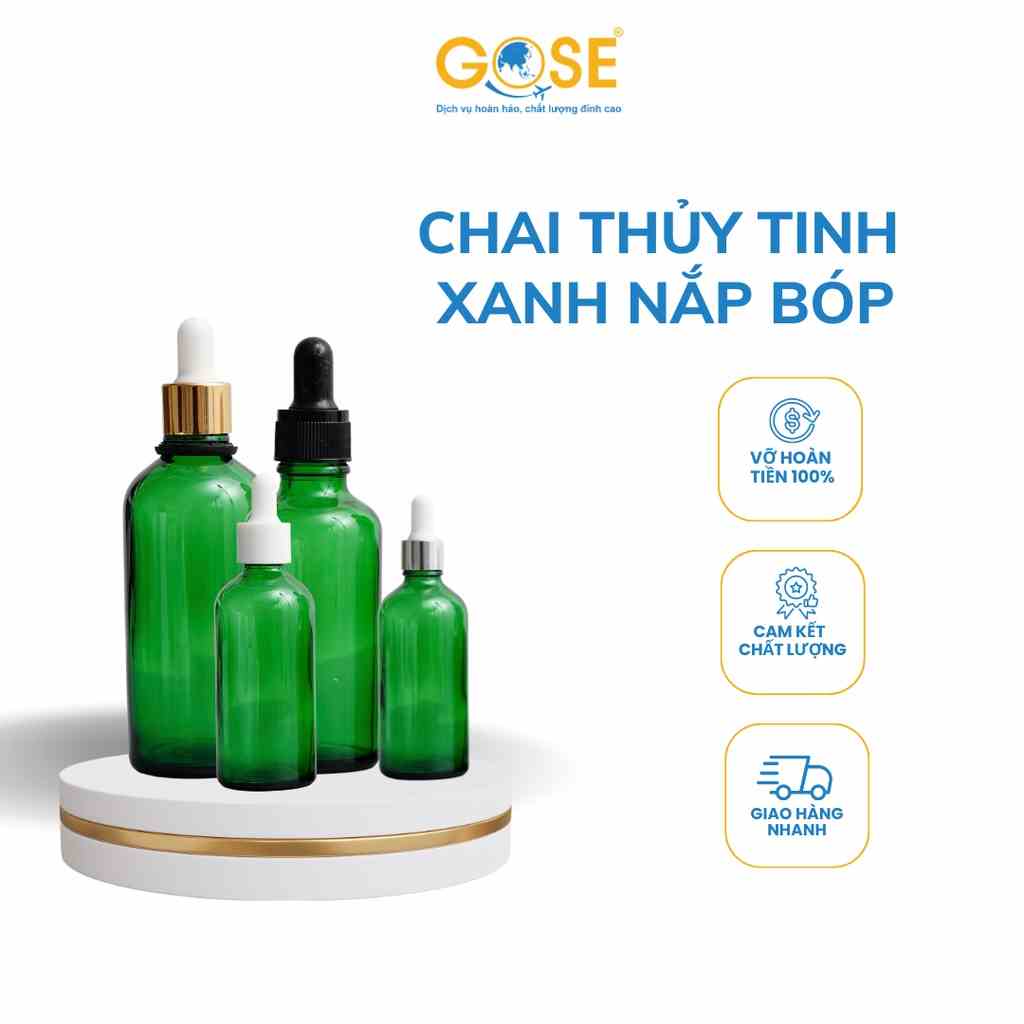 Chai lọ thủy tinh chiết tinh dầu GOSE thân xanh nắp bóp bộ chiết mỹ phẩm serum tinh chất