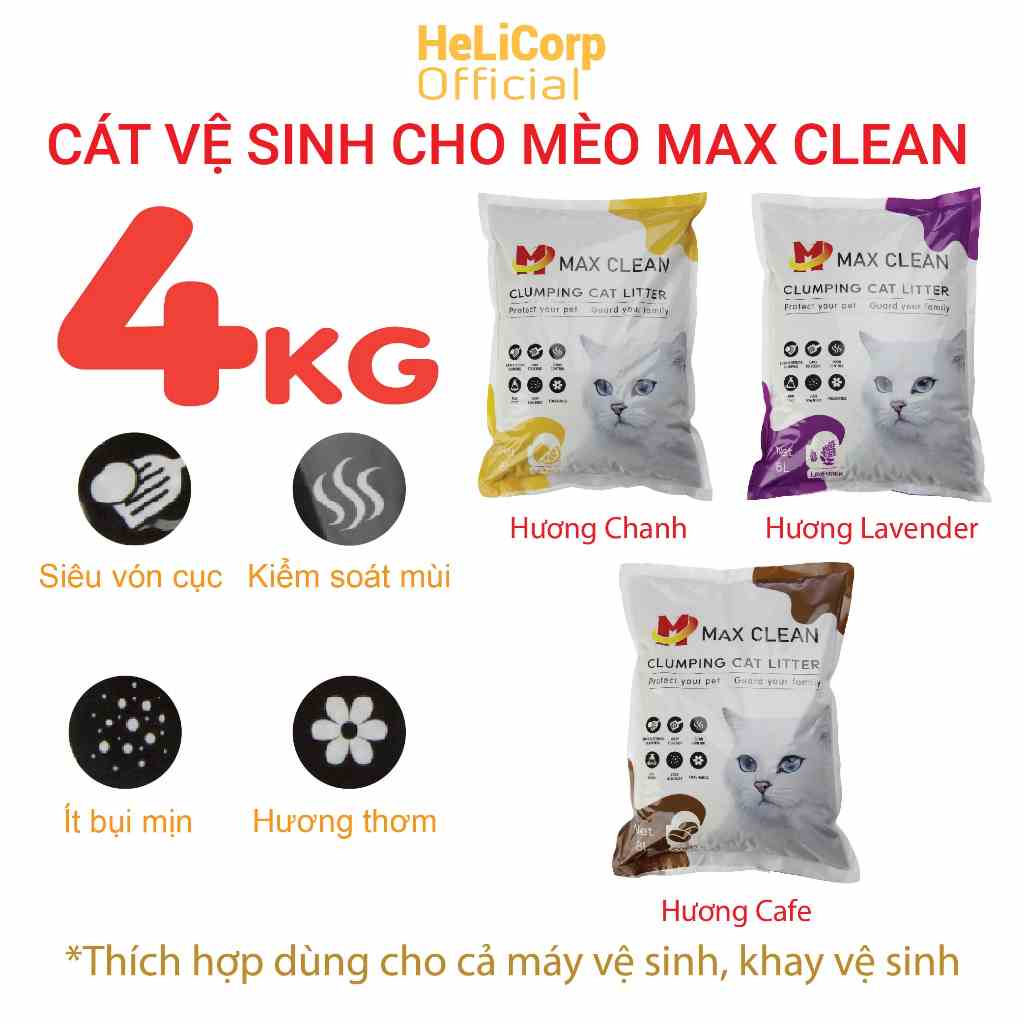 [Mã BMLTB200 giảm đến 100K đơn 499K] Cát Vệ Sinh Cho Mèo, Cát Mèo Max Clean 4Kg Đất Sét - HeLiCorp