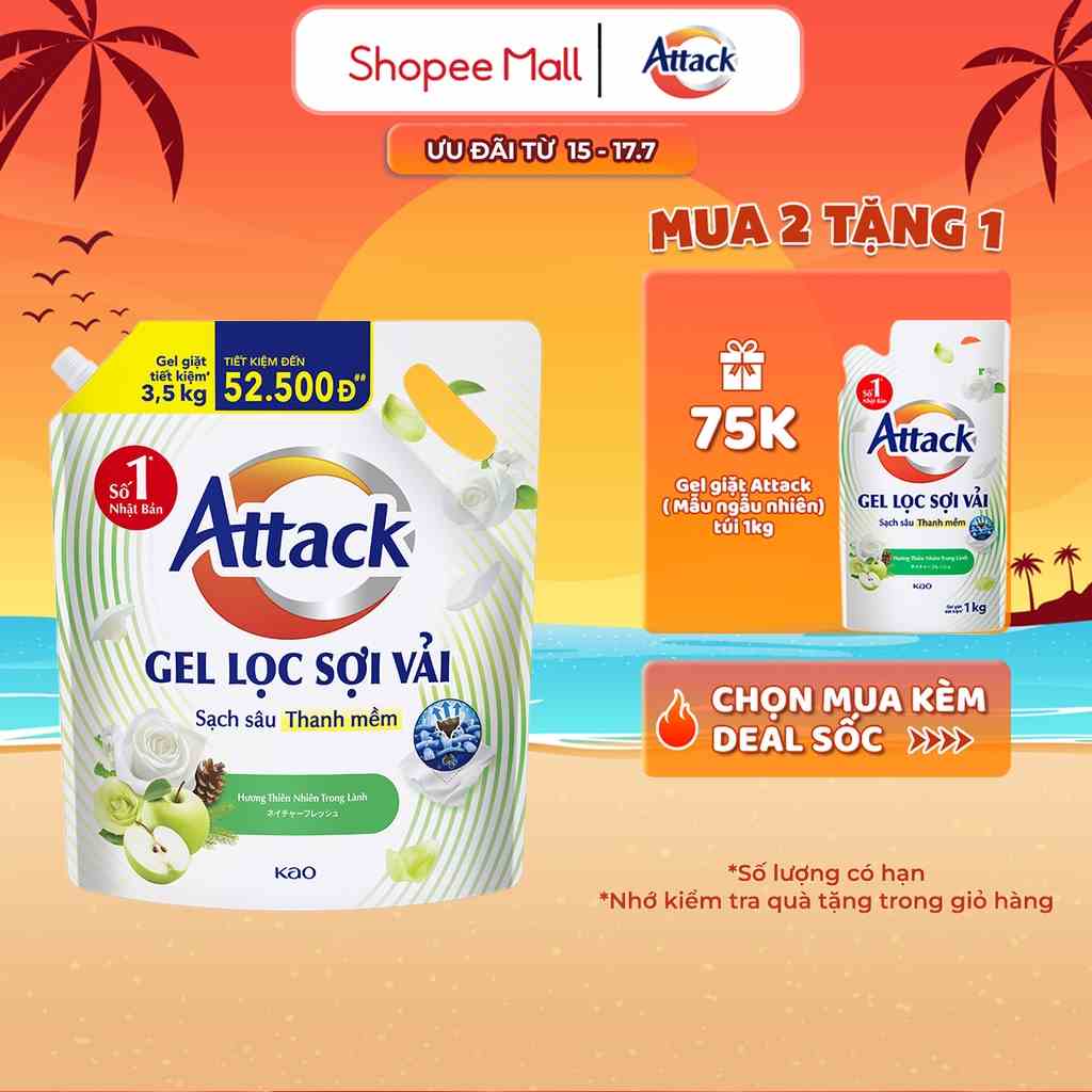 [GIẢM 50K ĐƠN 300K] Gel Giặt Attack Hương Thiên Nhiên Trong Lành Túi 3.5Kg