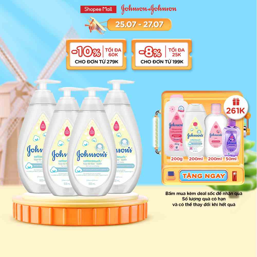 [BỘ 4 SIÊU RẺ] sữa tắm 2 trong 1 (gội+tắm toàn thân) mềm mịn Johnson baby Bath Cotton Touch 500mlx4