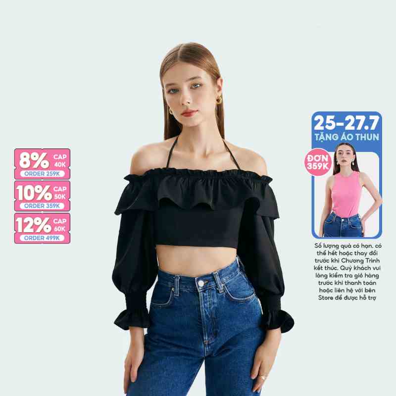 Áo crop MARC FASHION bẹt vai phối bèo smocking tay - FANH050323