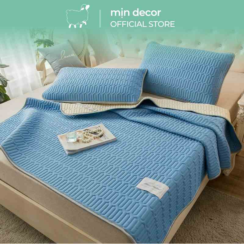 Set 3 món chiếu điều hòa E-cool kèm 2 vỏ gối Mịn Decor dày 3mm mềm mát màu trơn thanh lịch