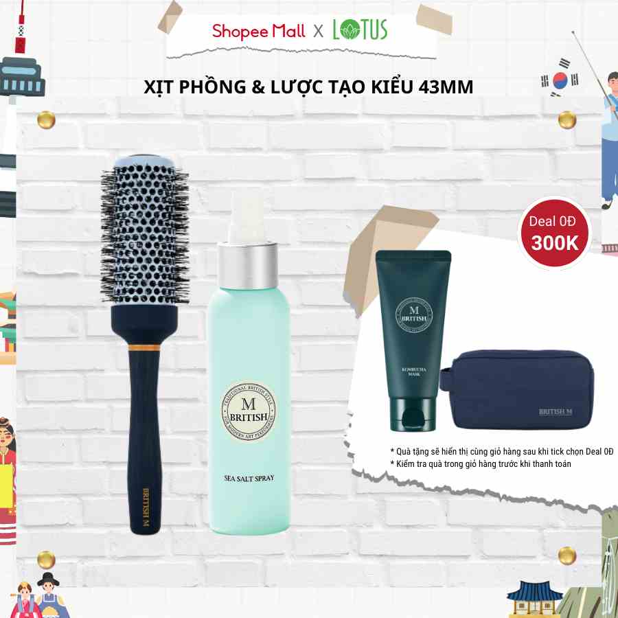 Combo xịt tạo phồng, lược tròn tạo kiểu BRITISHM sea salt spray & BRITISH M Hot Curling Ceramic Brush 43mm