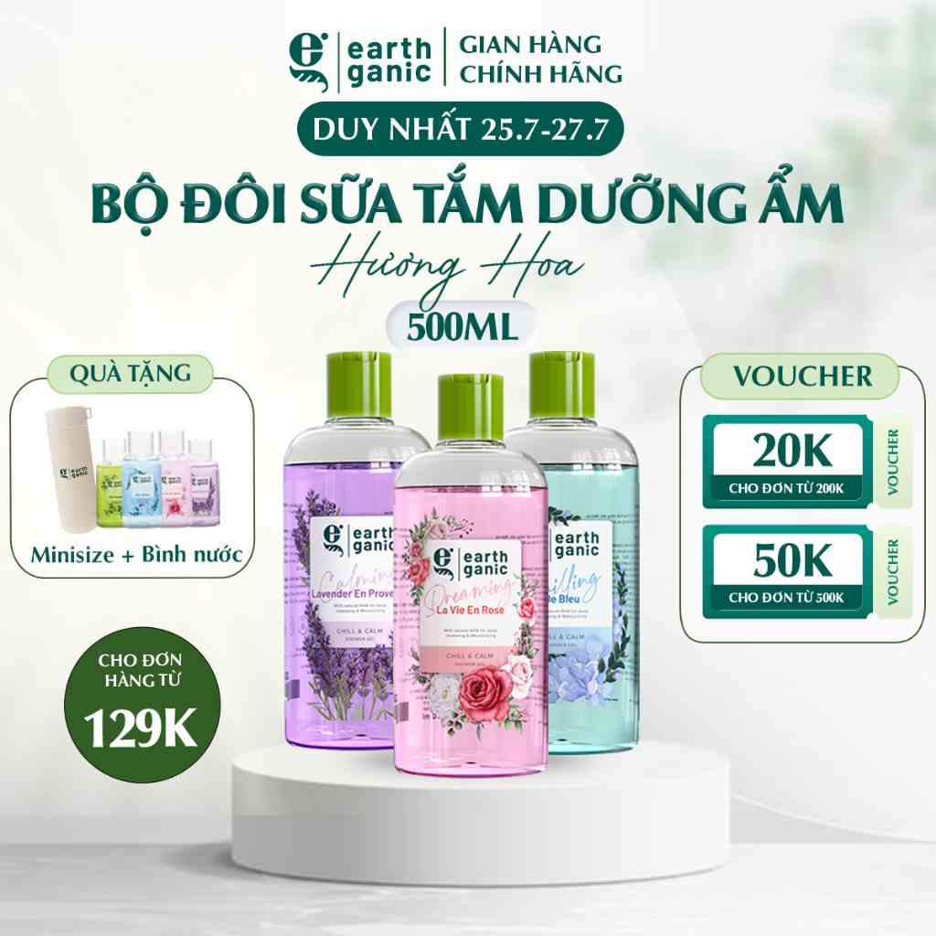 Combo tiết kiệm Hương hoa 500ml - Bộ đôi sữa tắm dưỡng ẩm trắng da Earthganic AHA trắng da thơm lâu thành phần thiên nhi