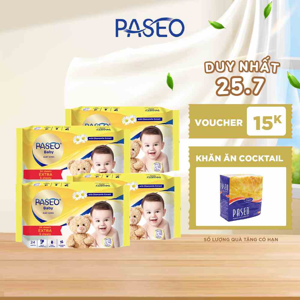 [Mua 1 tặng 1] Combo 2 gói Khăn ướt em bé Paseo 24+6 tờ – chiết xuất hoa cúc la mã Chamomile