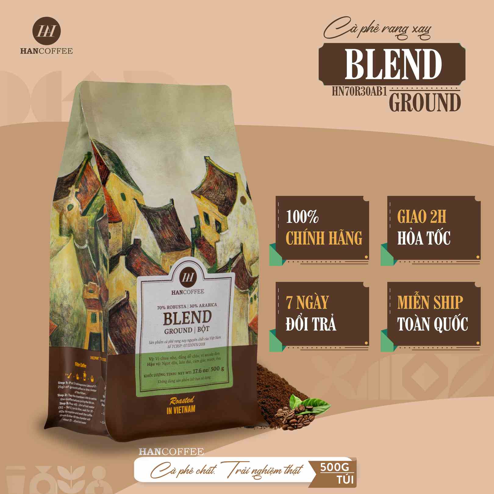 Cà phê pha phin HANCOFFEE Blend rang xay nguyên chất vị đắng dễ chịu túi 500gr - HN70R30AB1