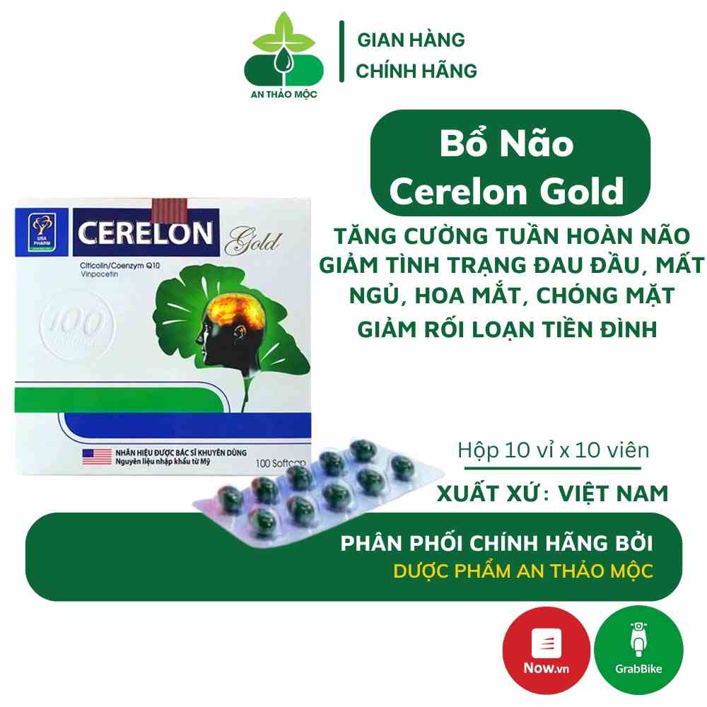 Viên uống bổ não Mediusa Cerelon Gold giúp tăng cường tuần hoàn máu giảm đau đầu mất ngủ hoa mắt chóng mặt hộp 100v