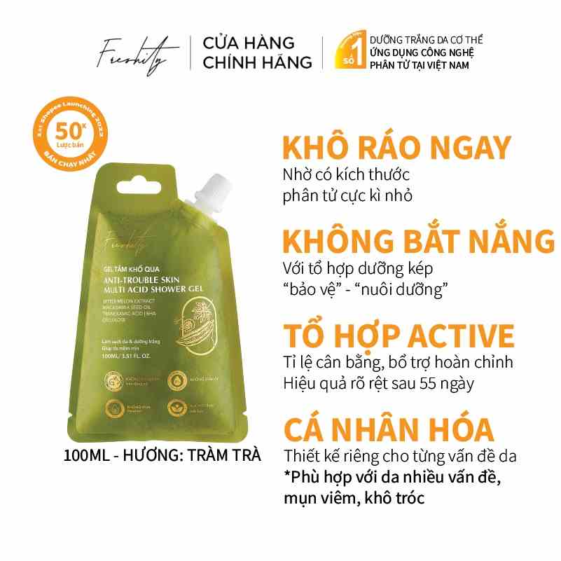 Gel tắm khổ qua Freshity 100ml dưỡng sáng làm sạch cải thiện mụn, vết thâm cho làn da cơ thể đa vấn đề