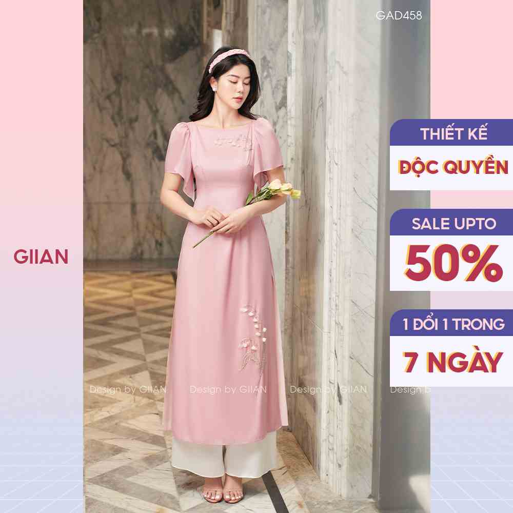 Áo dài cách tân tay cánh rơi họa tiết thêu hoa thủ công chính hãng Giian - GAD458