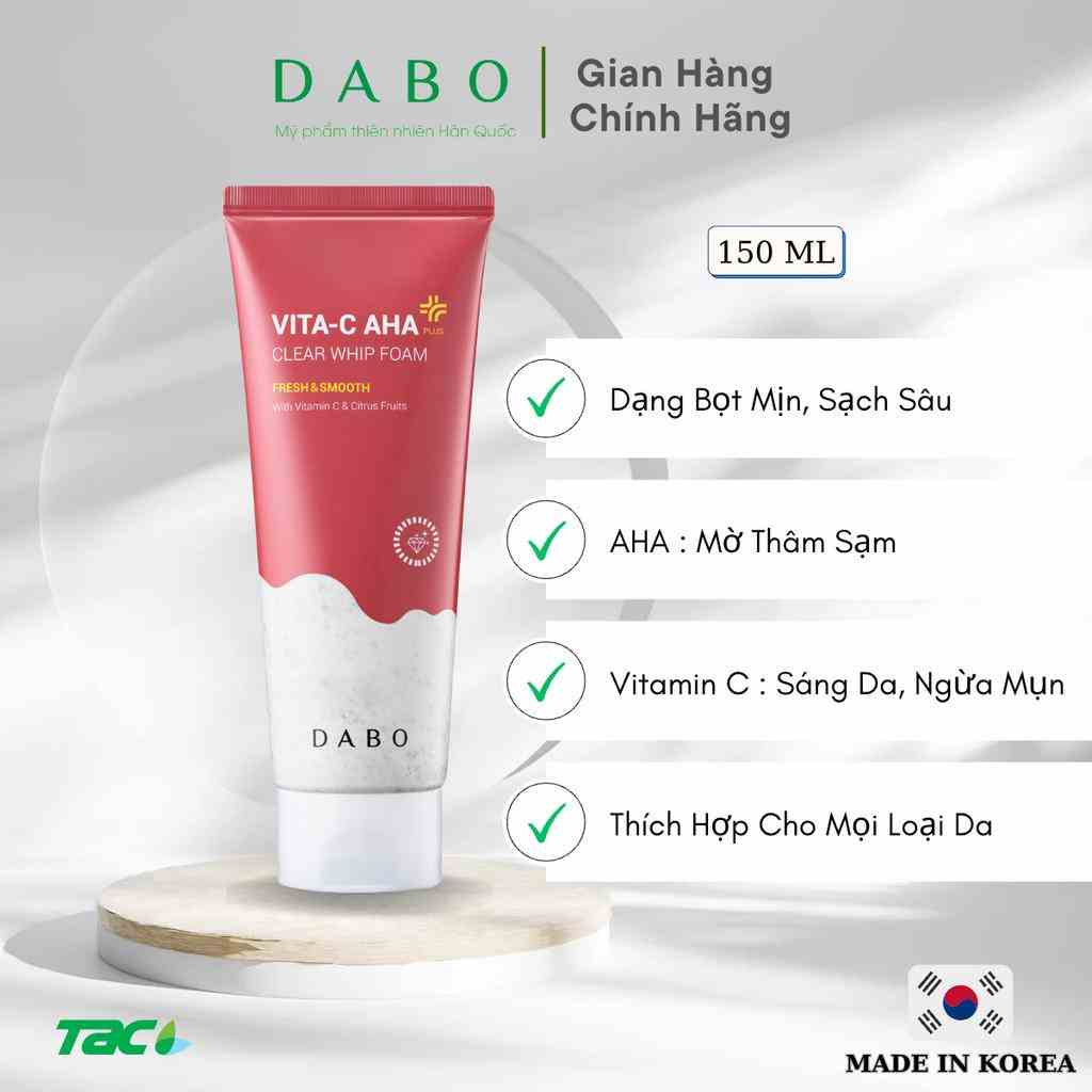 Sữa Rửa Mặt Vitamin C-AHA DABO Làm Sạch Sâu, Sáng Da Whip Foam 150ml THIÊN ANH BEAUTY