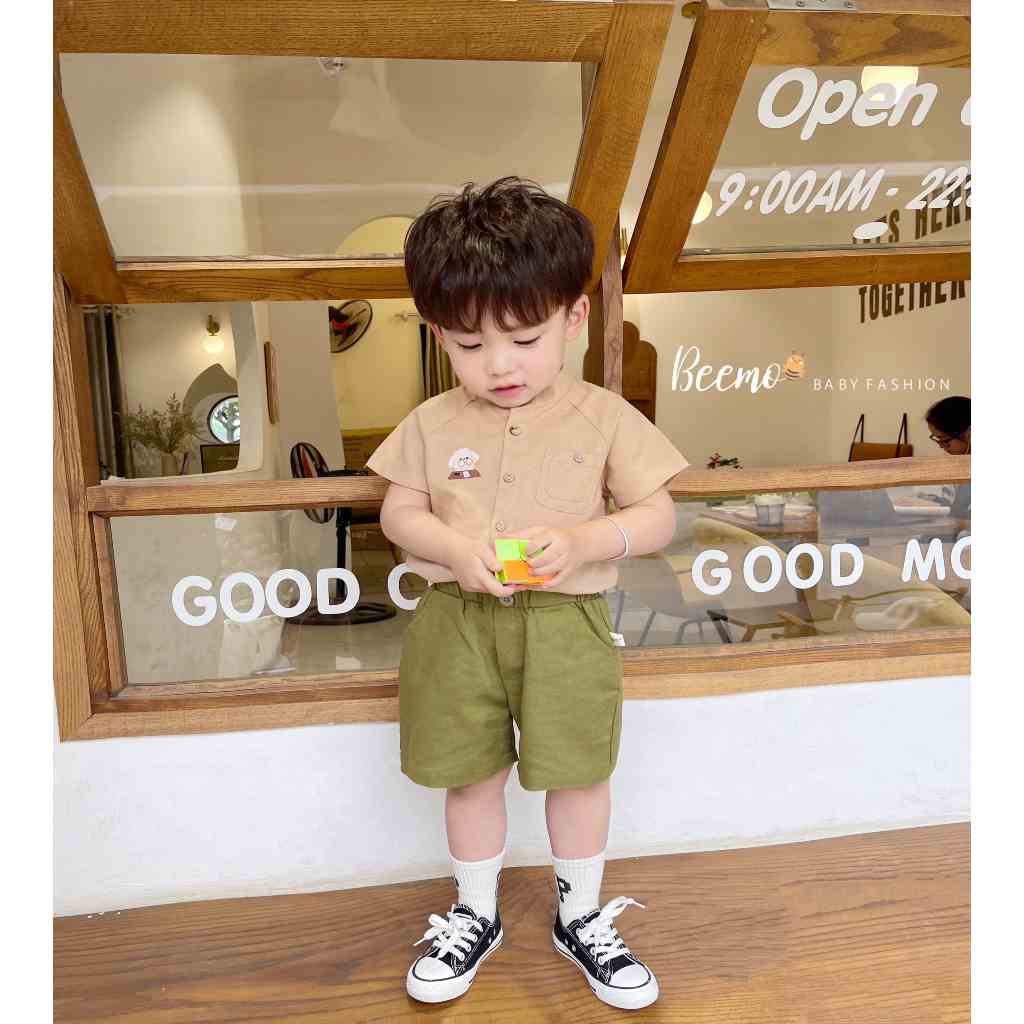 Set bộ sơ mi Beemo cổ tàu may túi in hình cún con học bài dễ thương mặc hè vải đũi mát mẻ cho bé  từ 1 - 7 tuổi 23053B