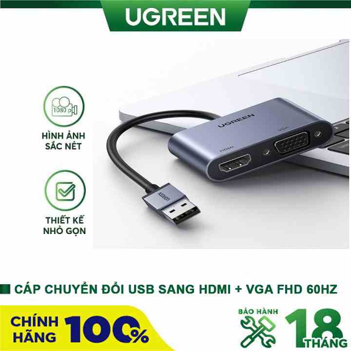 Cáp chuyển đổi USB 3.0 sang HDMI + VGA 1080P/60Hz cao cấp Ugreen 20518 - Hàng chính hãng (Dùng 2 màn hình độc lập))