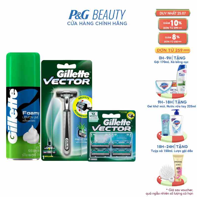 Combo 3 gồm Dao Cạo Gillette Vector 1UP, lưỡi cạo râu 4s Vector và bọt cạo râu Gillette 175g