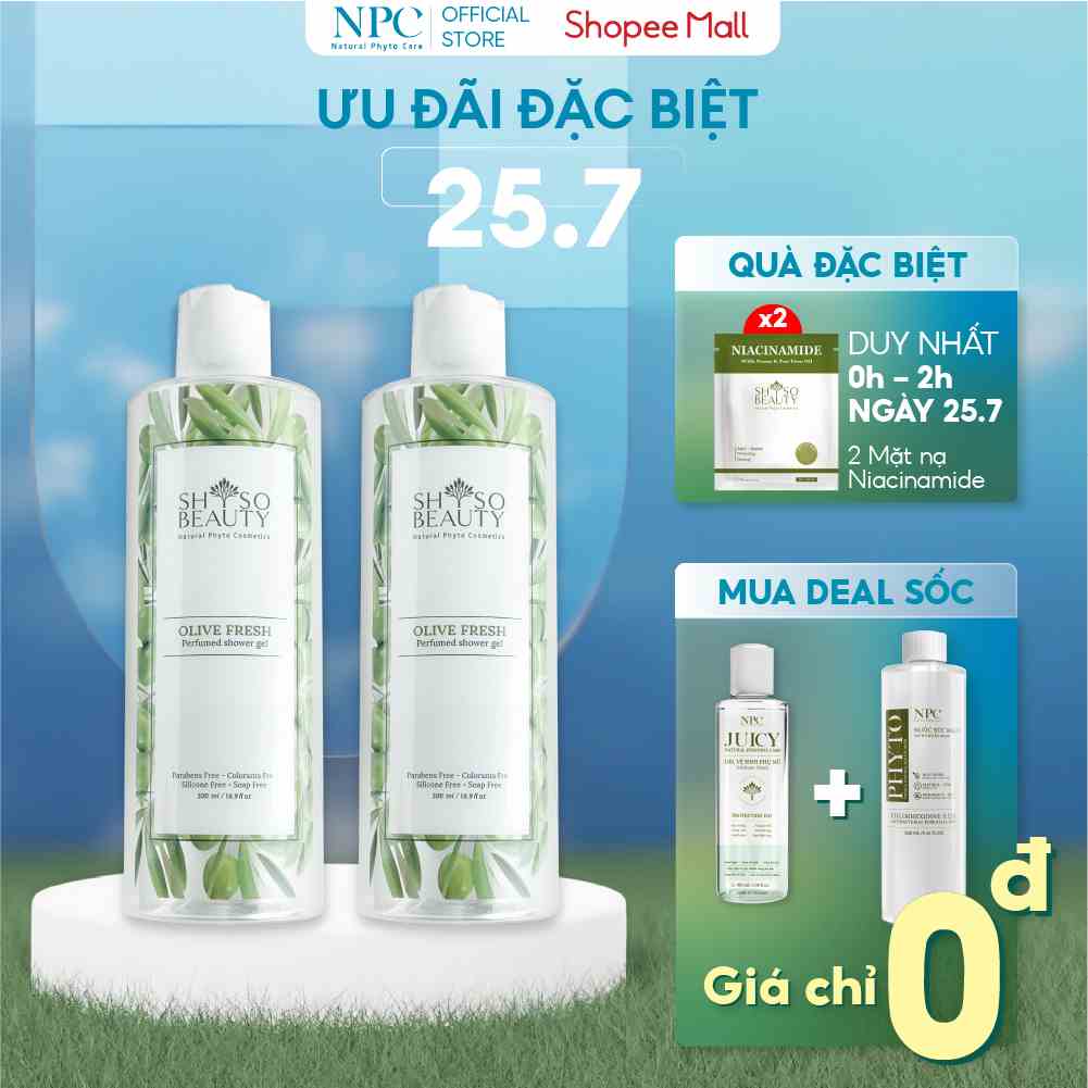 [Mã BMTTC60K giảm đến 60K đơn 50K] COMBO 2 chai sữa tắm nước hoa SHSO Beauty Olive Fresh 500ml/chai