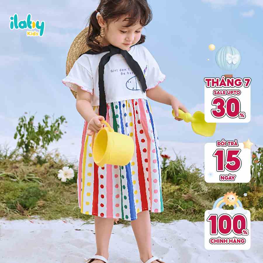 Váy thun bé gái ILABY chất liệu cotton phối thô họa tiết thoáng mát thấm hút mồ hôi cho bé 10-35kg [11IG1768F3DL]