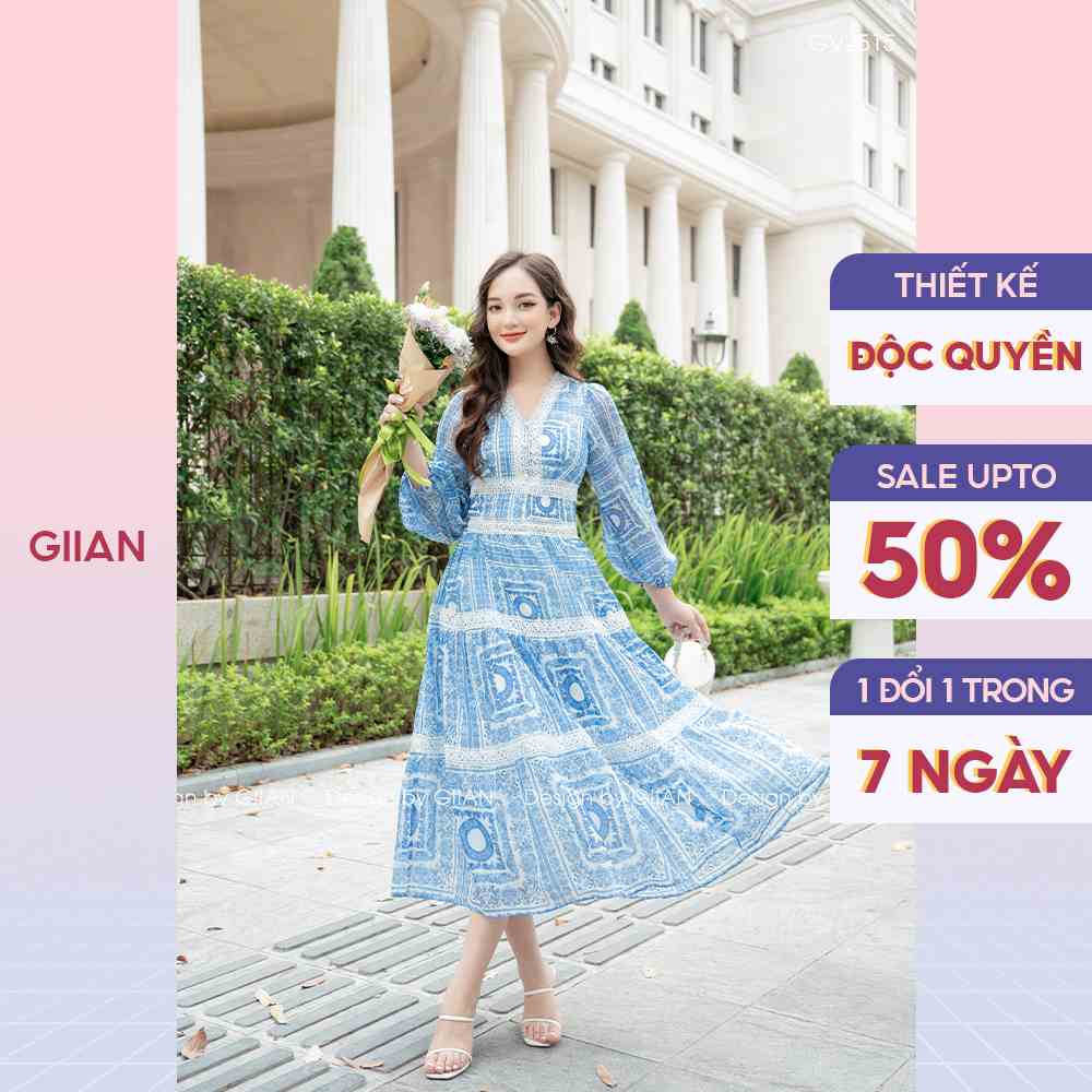 Váy đi biển dáng dài họa tiết in thổ cẩm phối ren xanh, đầm maxi cổ V khoét chéo chính hãng GIIAN GV2515